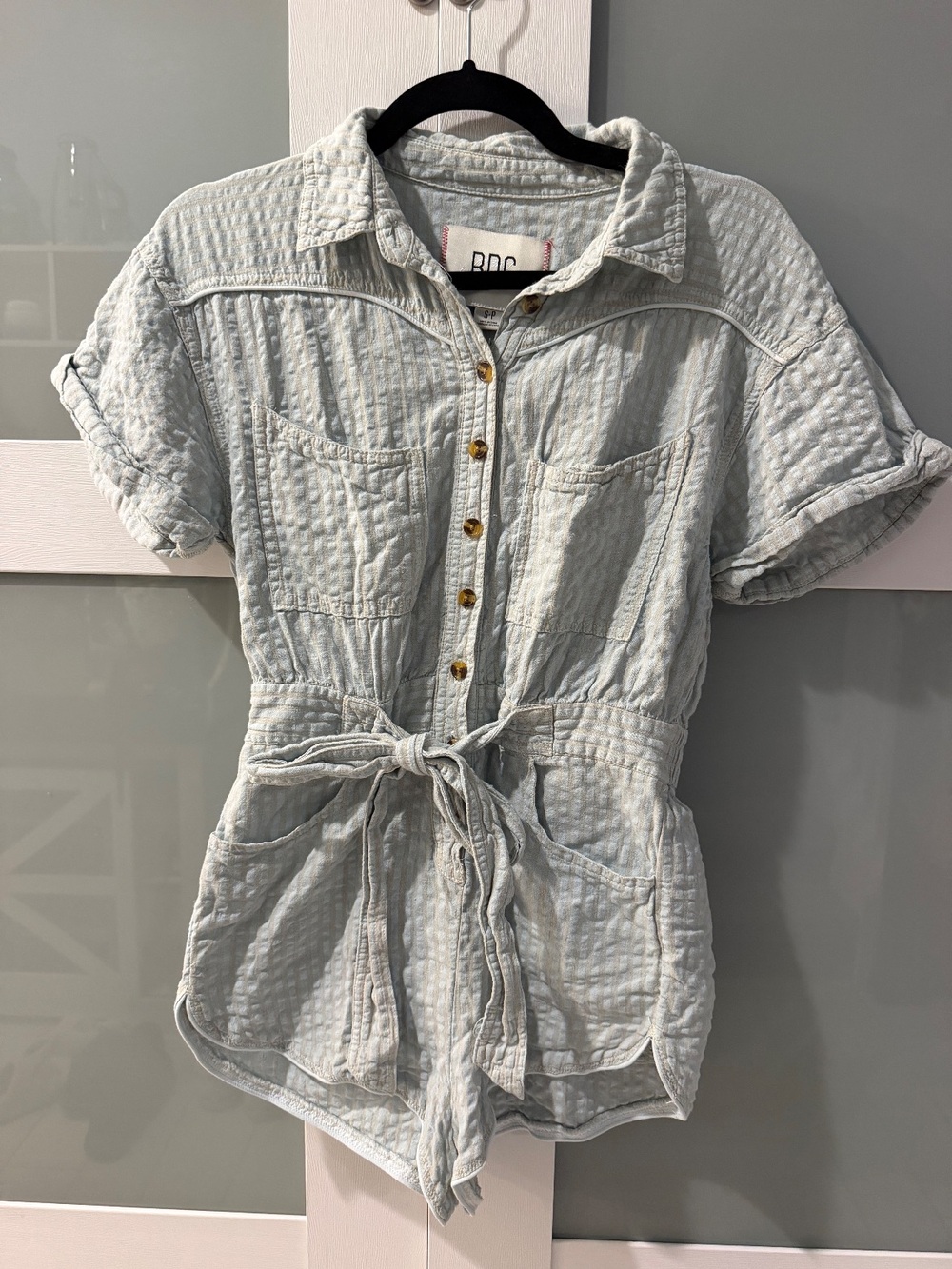 BDG Striped Crinkle Cotton Short Sleeve Romper S